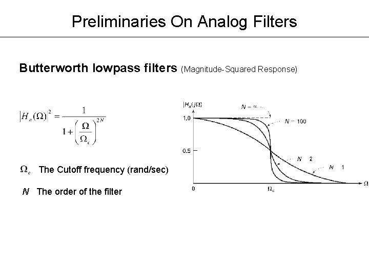 Preliminaries On Analog Filters Butterworth lowpass filters (Magnitude-Squared Response) The Cutoff frequency (rand/sec) N Preliminaries On Analog Filters Butterworth lowpass filters (Magnitude-Squared Response) The Cutoff frequency (rand/sec) N