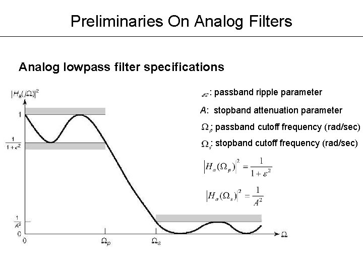 Preliminaries On Analog Filters Analog lowpass filter specifications : passband ripple parameter A: stopband Preliminaries On Analog Filters Analog lowpass filter specifications : passband ripple parameter A: stopband