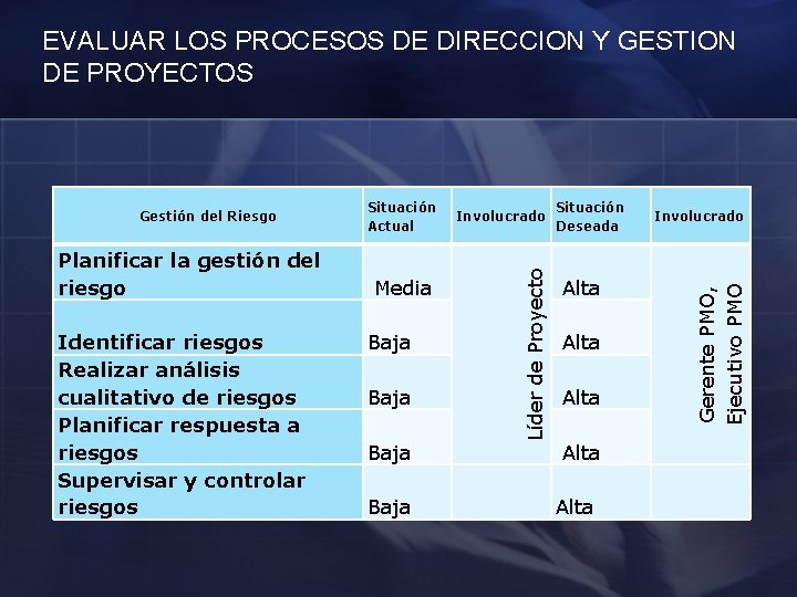 EVALUAR LOS PROCESOS DE DIRECCION Y GESTION DE PROYECTOS Identificar riesgos Realizar análisis cualitativo