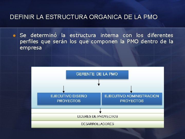 DEFINIR LA ESTRUCTURA ORGANICA DE LA PMO l Se determinó la estructura interna con