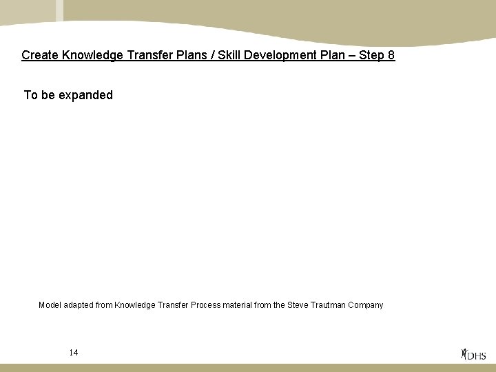 Create Knowledge Transfer Plans / Skill Development Plan – Step 8 To be expanded
