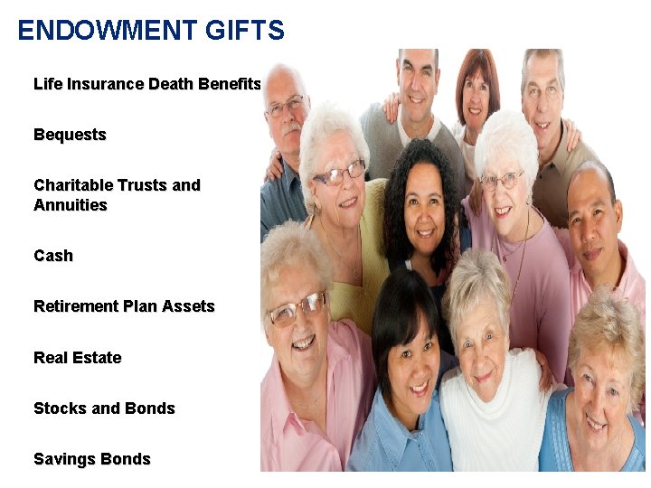 ENDOWMENT GIFTS Life Insurance Death Benefits Bequests Charitable Trusts and Annuities Cash Retirement Plan