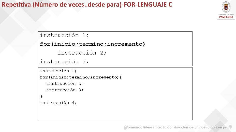 Repetitiva (Número de veces. . desde para)-FOR-LENGUAJE C instrucción 1; for(inicio; termino; incremento) instrucción