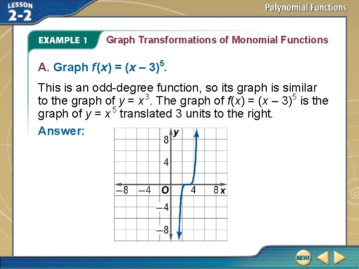 Graph Transformations of Monomial Functions A. Graph f (x) = (x – 3)5. This