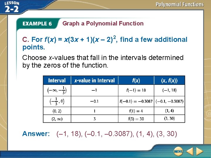 Graph a Polynomial Function C. For f (x) = x(3 x + 1)(x –