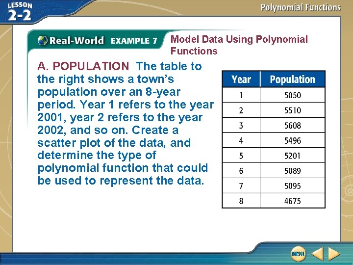 Model Data Using Polynomial Functions A. POPULATION The table to the right shows a
