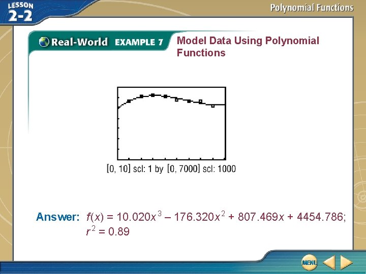 Model Data Using Polynomial Functions Answer: f (x) = 10. 020 x 3 –