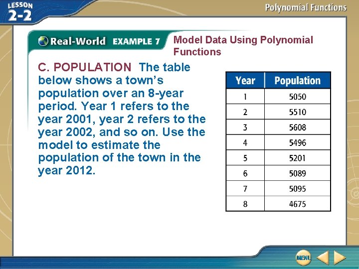 Model Data Using Polynomial Functions C. POPULATION The table below shows a town’s population