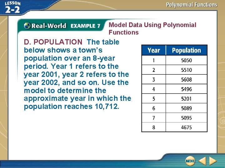 Model Data Using Polynomial Functions D. POPULATION The table below shows a town’s population