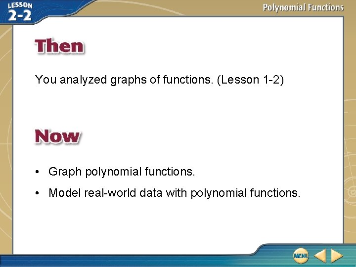 You analyzed graphs of functions. (Lesson 1 -2) • Graph polynomial functions. • Model
