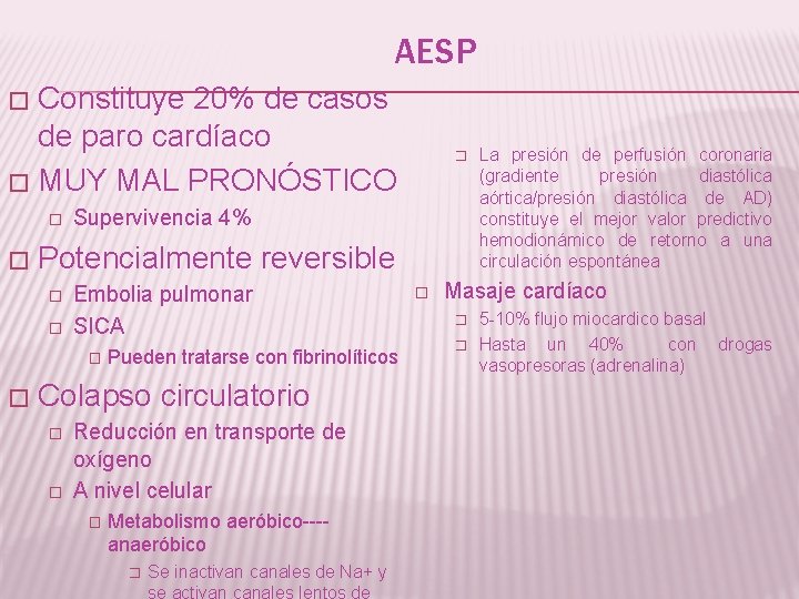 AESP Constituye 20% de casos de paro cardíaco � MUY MAL PRONÓSTICO � �