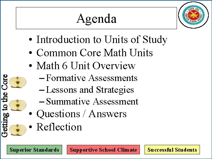 Getting to the Core Agenda • Introduction to Units of Study • Common Core