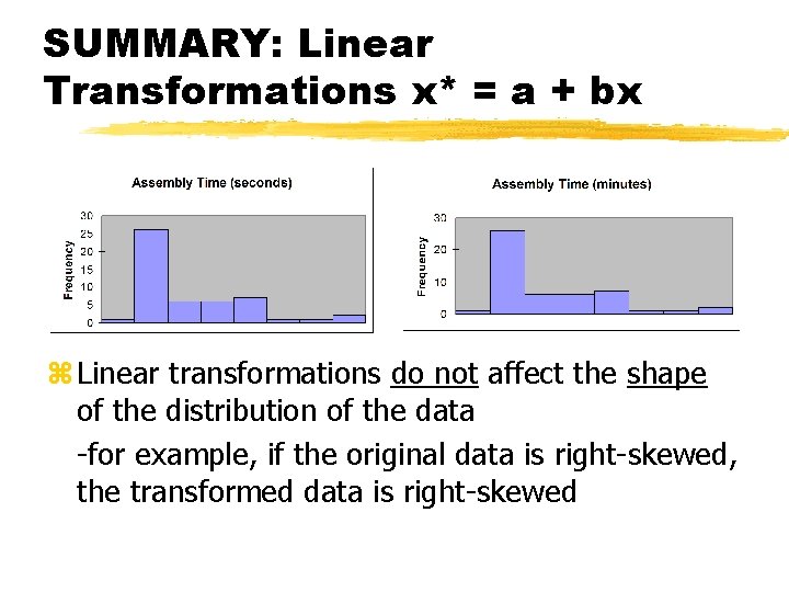 SUMMARY: Linear Transformations x* = a + bx z Linear transformations do not affect