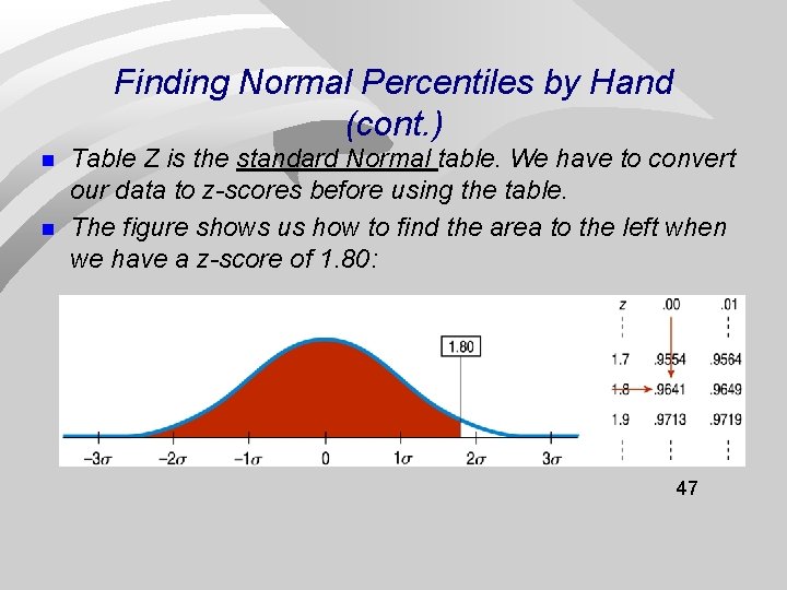 Finding Normal Percentiles by Hand (cont. ) n n Table Z is the standard