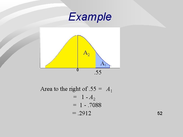 Example A 2 0 . 55 Area to the right of. 55 = A