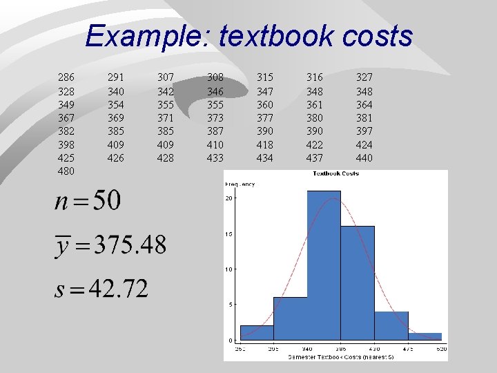 Example: textbook costs 286 328 349 367 382 398 425 480 291 340 354
