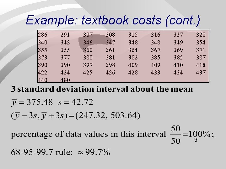 Example: textbook costs (cont. ) 286 340 355 373 390 422 440 291 342