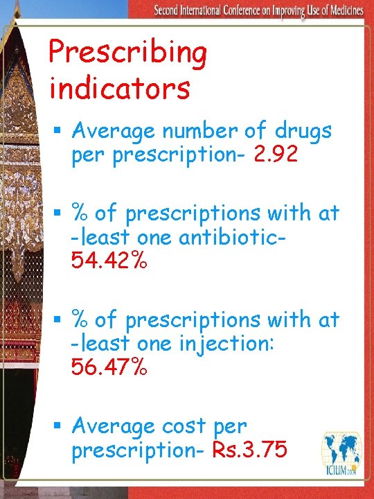 Prescribing indicators § Average number of drugs per prescription- 2. 92 § % of