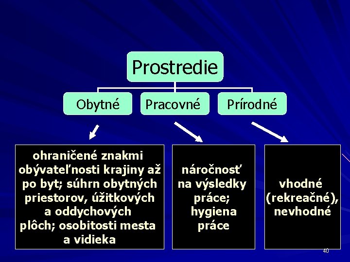 Prostredie Obytné Pracovné ohraničené znakmi obývateľnosti krajiny až po byt; súhrn obytných priestorov, úžitkových