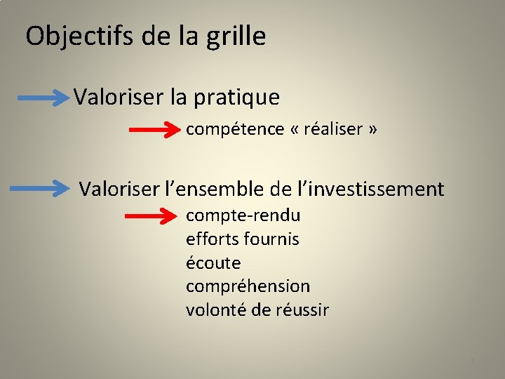 Objectifs de la grille Valoriser la pratique compétence « réaliser » Valoriser l’ensemble de