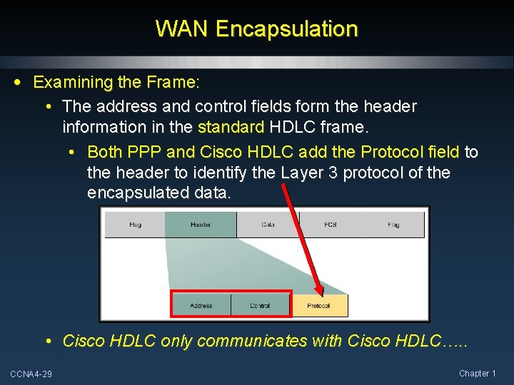 WAN Encapsulation • Examining the Frame: • The address and control fields form the