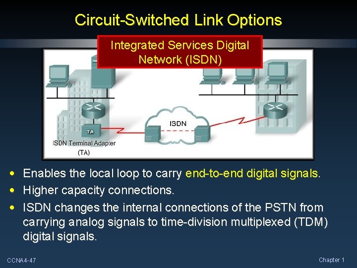Circuit-Switched Link Options Integrated Services Digital Network (ISDN) • • • Enables the local