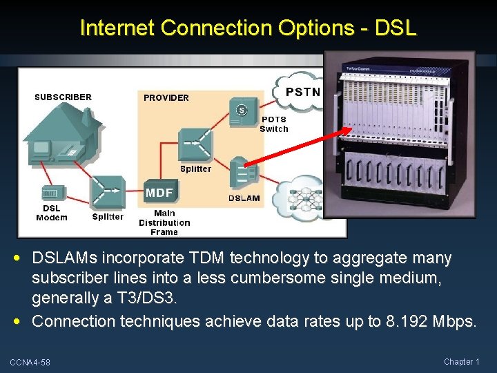 Internet Connection Options - DSL • DSLAMs incorporate TDM technology to aggregate many subscriber