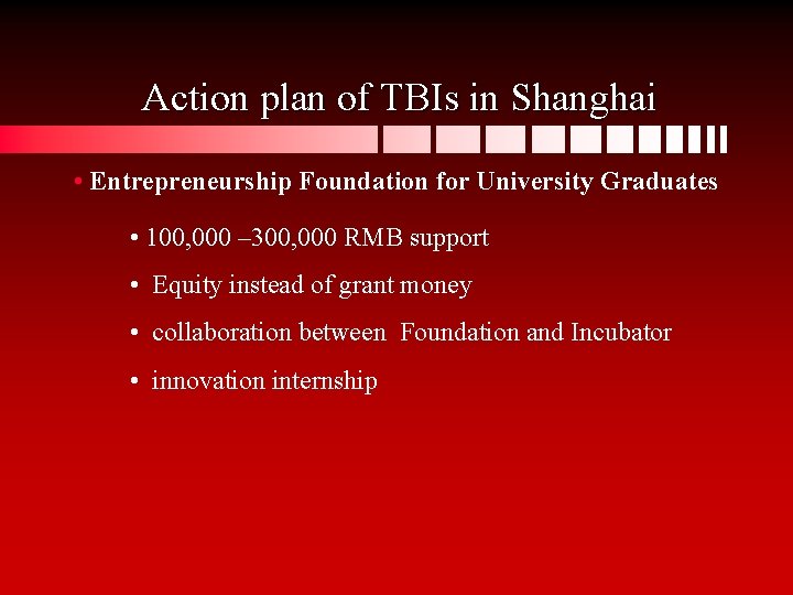 Action plan of TBIs in Shanghai • Entrepreneurship Foundation for University Graduates • 100,