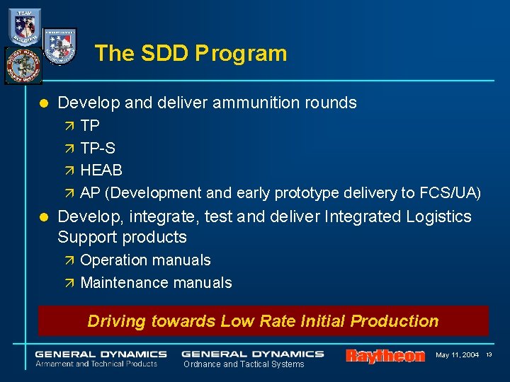 The SDD Program l Develop and deliver ammunition rounds ä TP-S ä HEAB ä