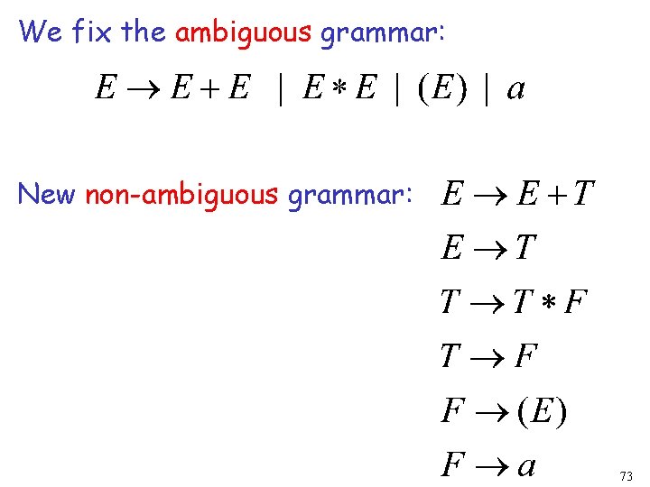 We fix the ambiguous grammar: New non-ambiguous grammar: 73 