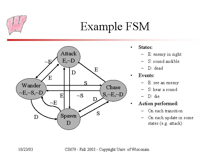 Example FSM • ~E Attack E, ~D E Wander ~E, ~S, ~D S E