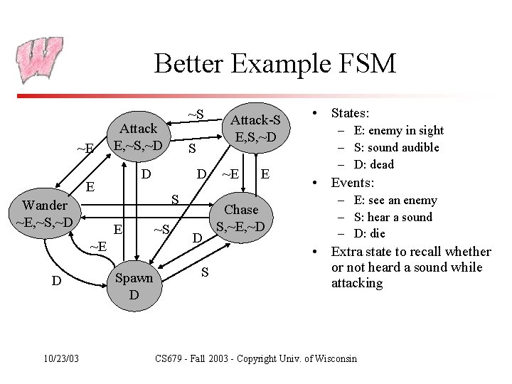 Better Example FSM ~E Attack E, ~S, ~D 10/23/03 D S E ~E D