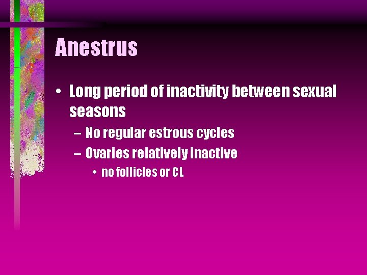 Anestrus • Long period of inactivity between sexual seasons – No regular estrous cycles Anestrus • Long period of inactivity between sexual seasons – No regular estrous cycles