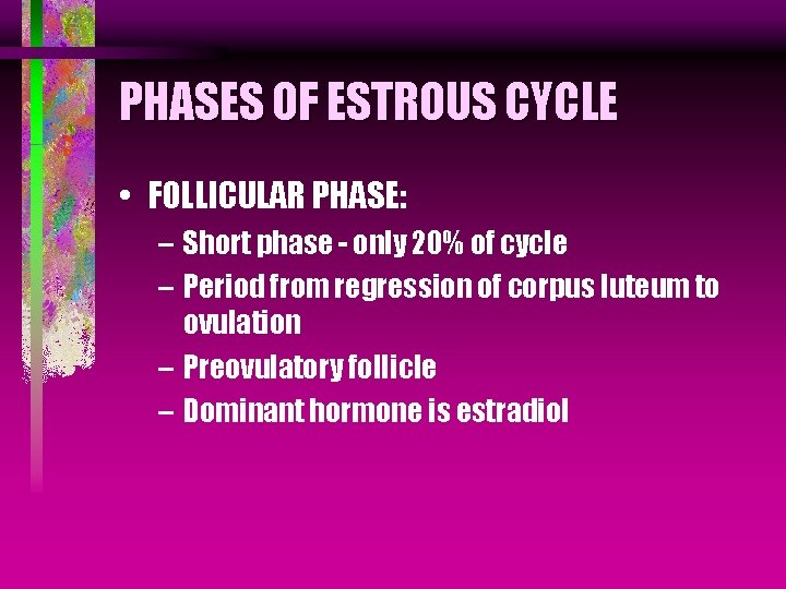 PHASES OF ESTROUS CYCLE • FOLLICULAR PHASE: – Short phase - only 20% of