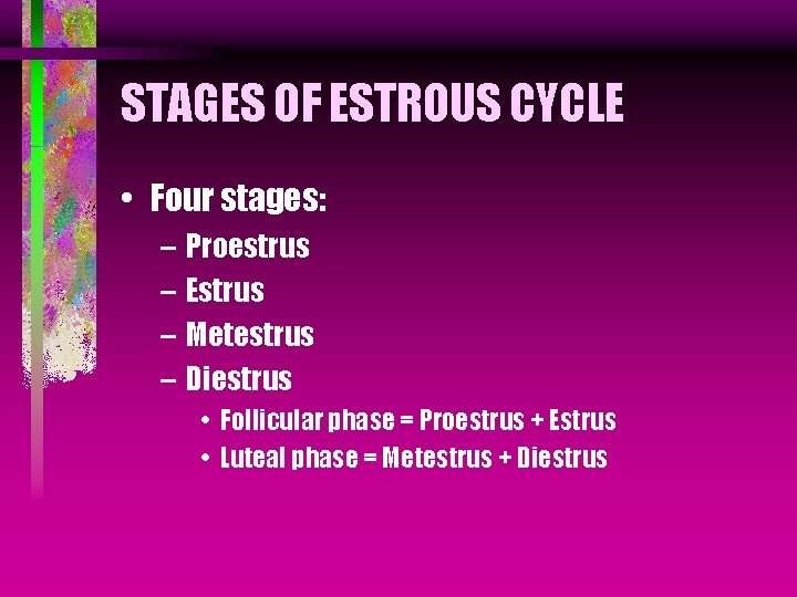 STAGES OF ESTROUS CYCLE • Four stages: – Proestrus – Estrus – Metestrus – STAGES OF ESTROUS CYCLE • Four stages: – Proestrus – Estrus – Metestrus –