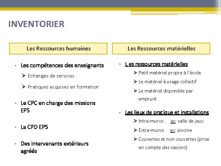 INVENTORIER Les Ressources humaines • Les compétences des enseignants Ø Echanges de services Ø