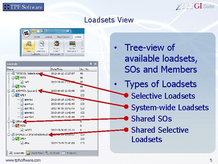 Suite Loadsets View • Tree-view of available loadsets, SOs and Members • Types of