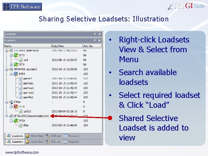 Suite Sharing Selective Loadsets: Illustration • Right-click Loadsets View & Select from Menu •