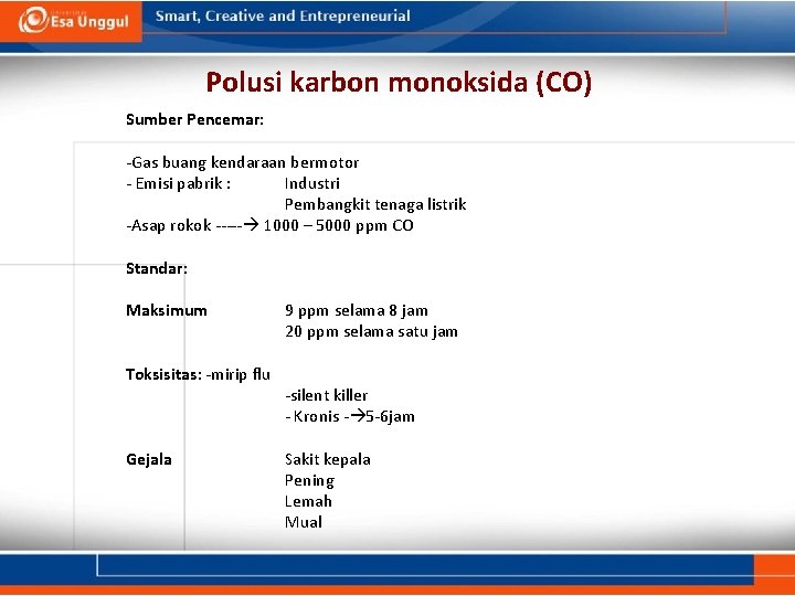 Polusi karbon monoksida (CO) Sumber Pencemar: -Gas buang kendaraan bermotor - Emisi pabrik :