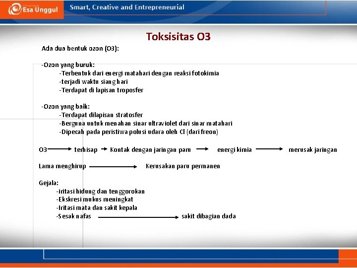 Toksisitas O 3 Ada dua bentuk ozon (O 3): -Ozon yang buruk: -Terbentuk dari