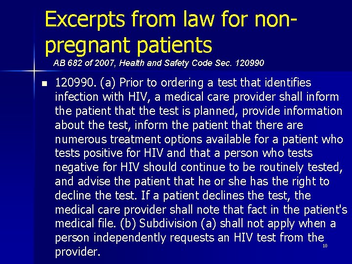 Excerpts from law for nonpregnant patients AB 682 of 2007, Health and Safety Code