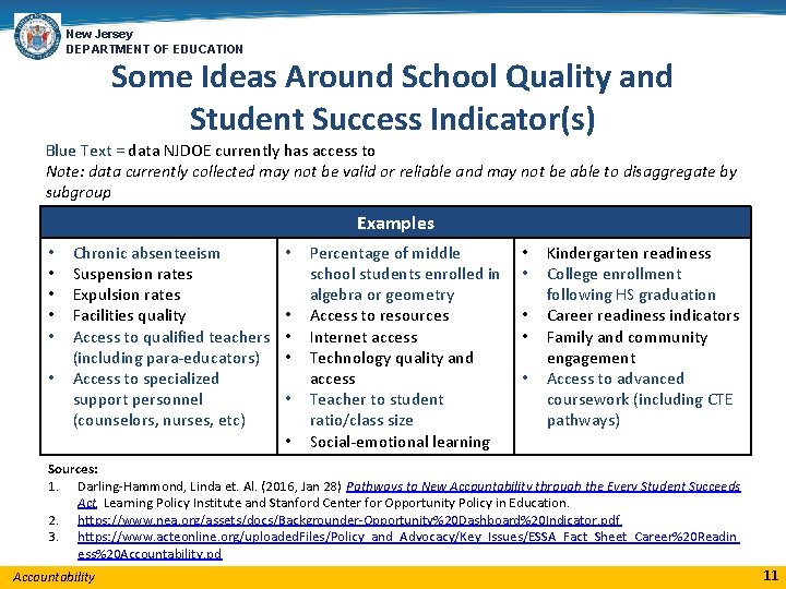 New Jersey DEPARTMENT OF EDUCATION Some Ideas Around School Quality and Student Success Indicator(s)