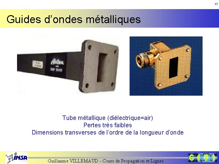 17 Guides d’ondes métalliques Tube métallique (diélectrique=air) Pertes très faibles Dimensions transverses de l’ordre 17 Guides d’ondes métalliques Tube métallique (diélectrique=air) Pertes très faibles Dimensions transverses de l’ordre