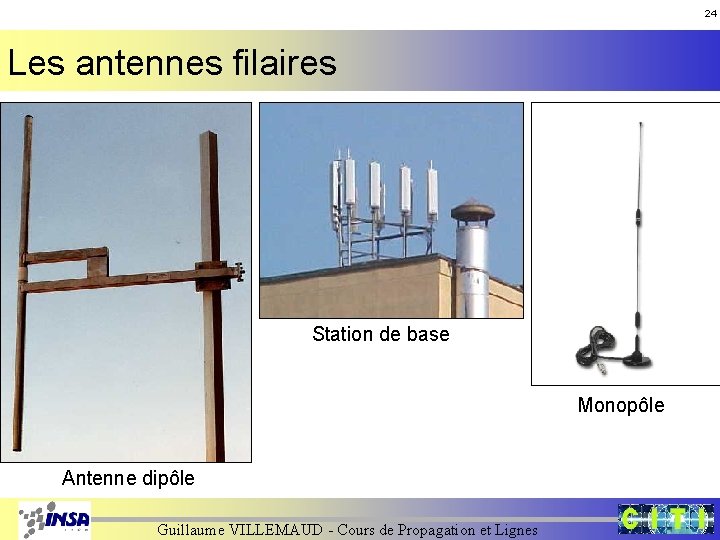 24 Les antennes filaires Station de base Monopôle Antenne dipôle Guillaume VILLEMAUD - Cours 24 Les antennes filaires Station de base Monopôle Antenne dipôle Guillaume VILLEMAUD - Cours
