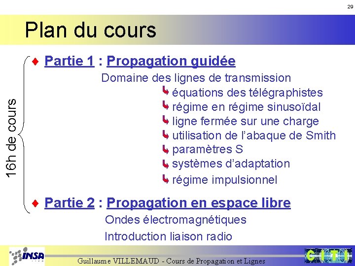 29 Plan du cours 16 h de cours ¨ Partie 1 : Propagation guidée 29 Plan du cours 16 h de cours ¨ Partie 1 : Propagation guidée