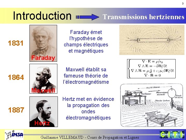 3 Introduction Transmissions hertziennes Faraday émet l’hypothèse de champs électriques et magnétiques 1831 Faraday 3 Introduction Transmissions hertziennes Faraday émet l’hypothèse de champs électriques et magnétiques 1831 Faraday