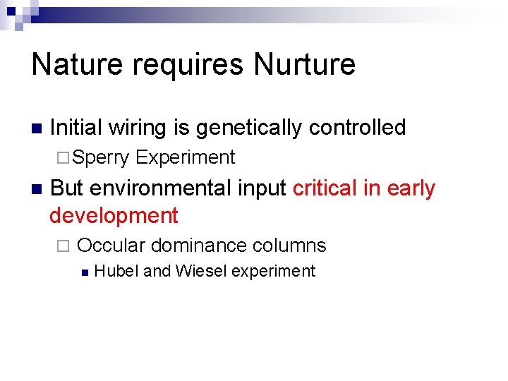 Nature requires Nurture n Initial wiring is genetically controlled ¨ Sperry Experiment n But