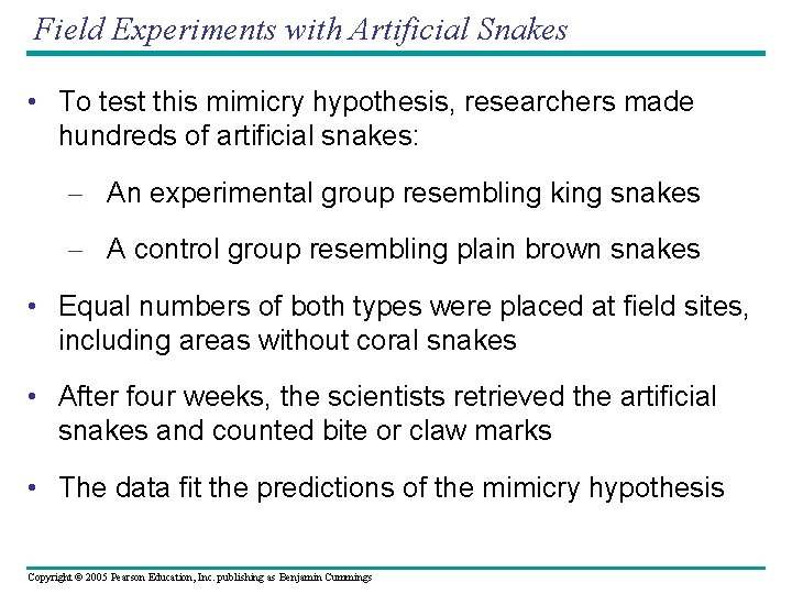 Field Experiments with Artificial Snakes • To test this mimicry hypothesis, researchers made hundreds