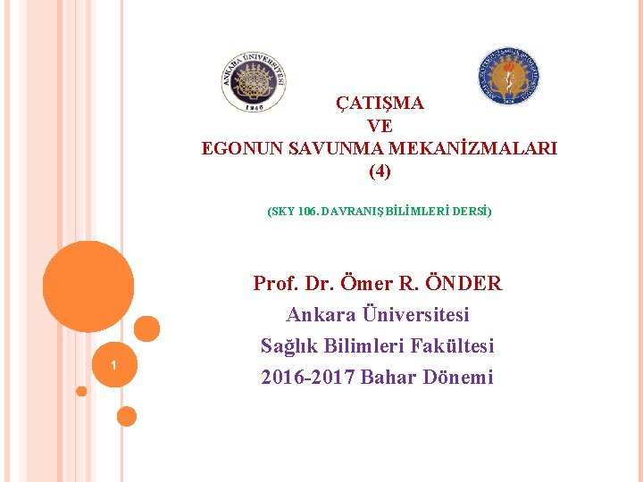 ÇATIŞMA VE EGONUN SAVUNMA MEKANİZMALARI (4) (SKY 106. DAVRANIŞ BİLİMLERİ DERSİ) 1 Prof. Dr.