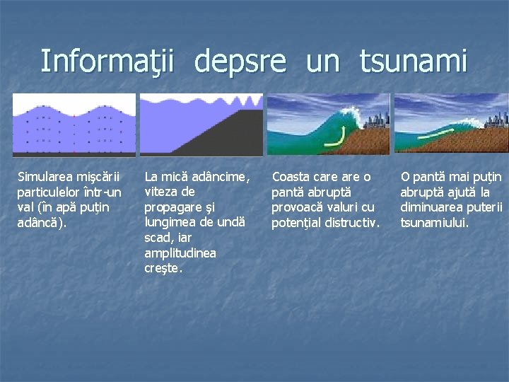 Informaţii depsre un tsunami Simularea mişcării particulelor într-un val (în apă puţin adâncă). La